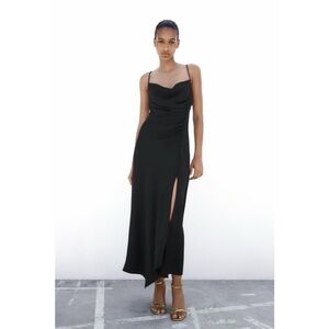 Zara Black Satin Slip Dress with Side Buttons – Size S